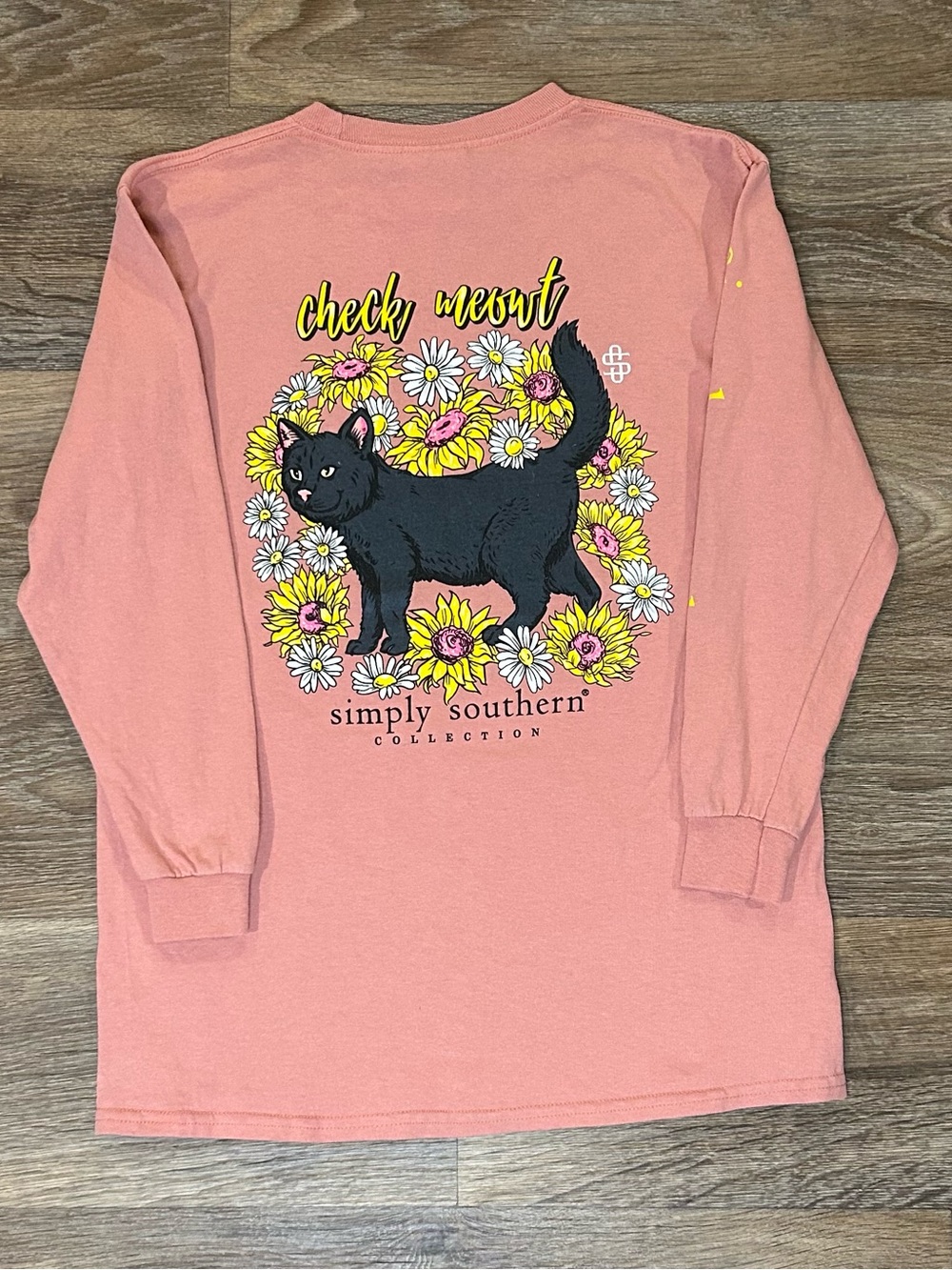 Simply Southern Girls Long Sleeve T-Shirt - Pink /Yellow Tee “Check Meowt” - M